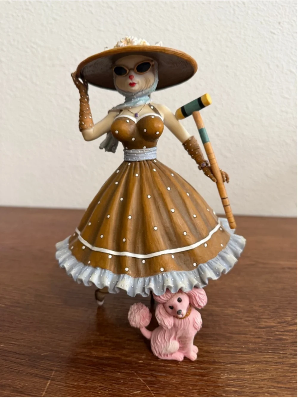 M Le Van Cat Lady Figurine Poodle Vintage Style Lady w Hat Umbrella Whimsical